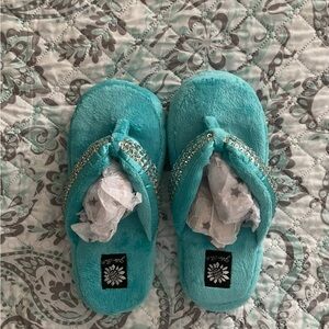 Yellow Box Turquoise Slippers with Rhinestones